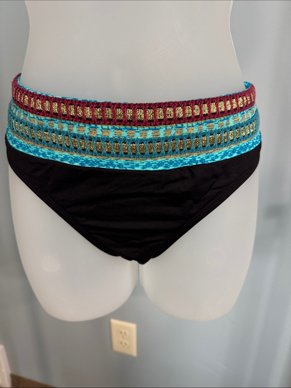 La Blanca Black Bikini Bottom with Turquoise & Magenta Embroidered Waistband